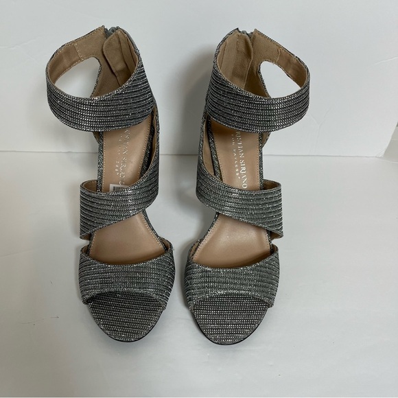 Christian Siriano Silver Sparkle Ankle Wrap Open Toe Heels - Picture 2 of 12